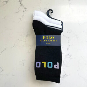 Polo Ralph Lauren 3 Pairs Polyester Spdex Socks Blk Wht Multi Color Logo OS NWT